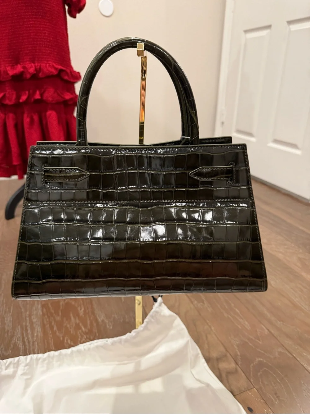 Veronica Beard Glossy Black Croc-Embossed Satchel with Front Tie